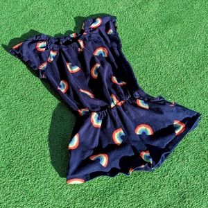 Gap Kids Girls Sz Small Navy Multi-Rainbow Print Pull-over Romper w/Pockets EUC